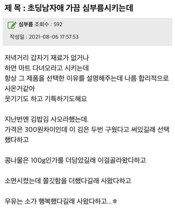 초딩 남자아이 가끔 심부름 시키는데.